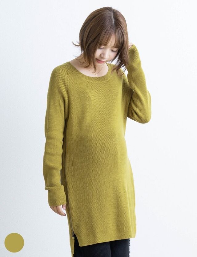 オーガニックコットン100％ニット サイドスリット ラウンドネック