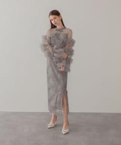 LEJA フリルチュールスリーブリボンIラインワンピースドレス2点SET