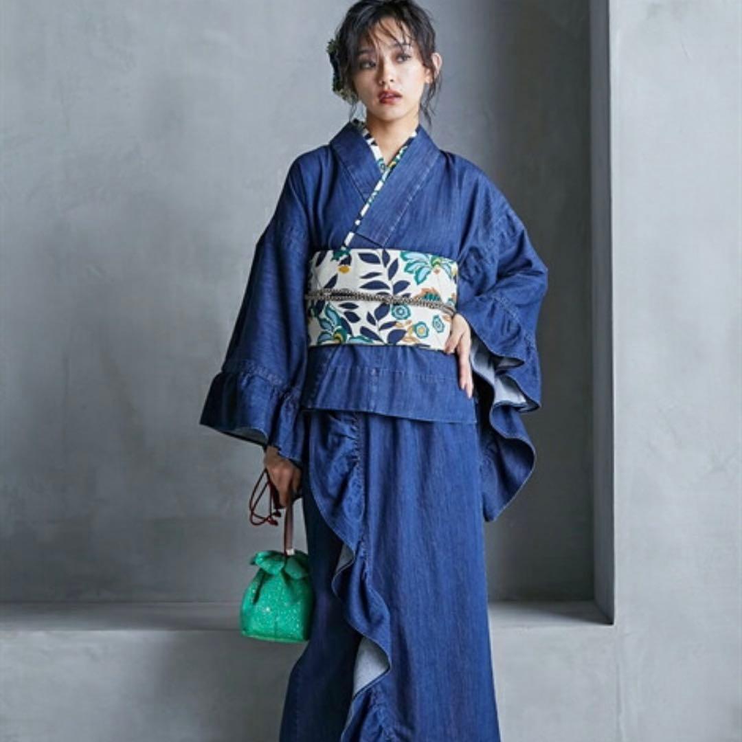 浴衣　二部式　作り帯ち付き　デニム　ネイビー　L〜LL ひめか 二部式着物 デニム 着方簡単お仕立て上がり S/M/L : 作務衣と