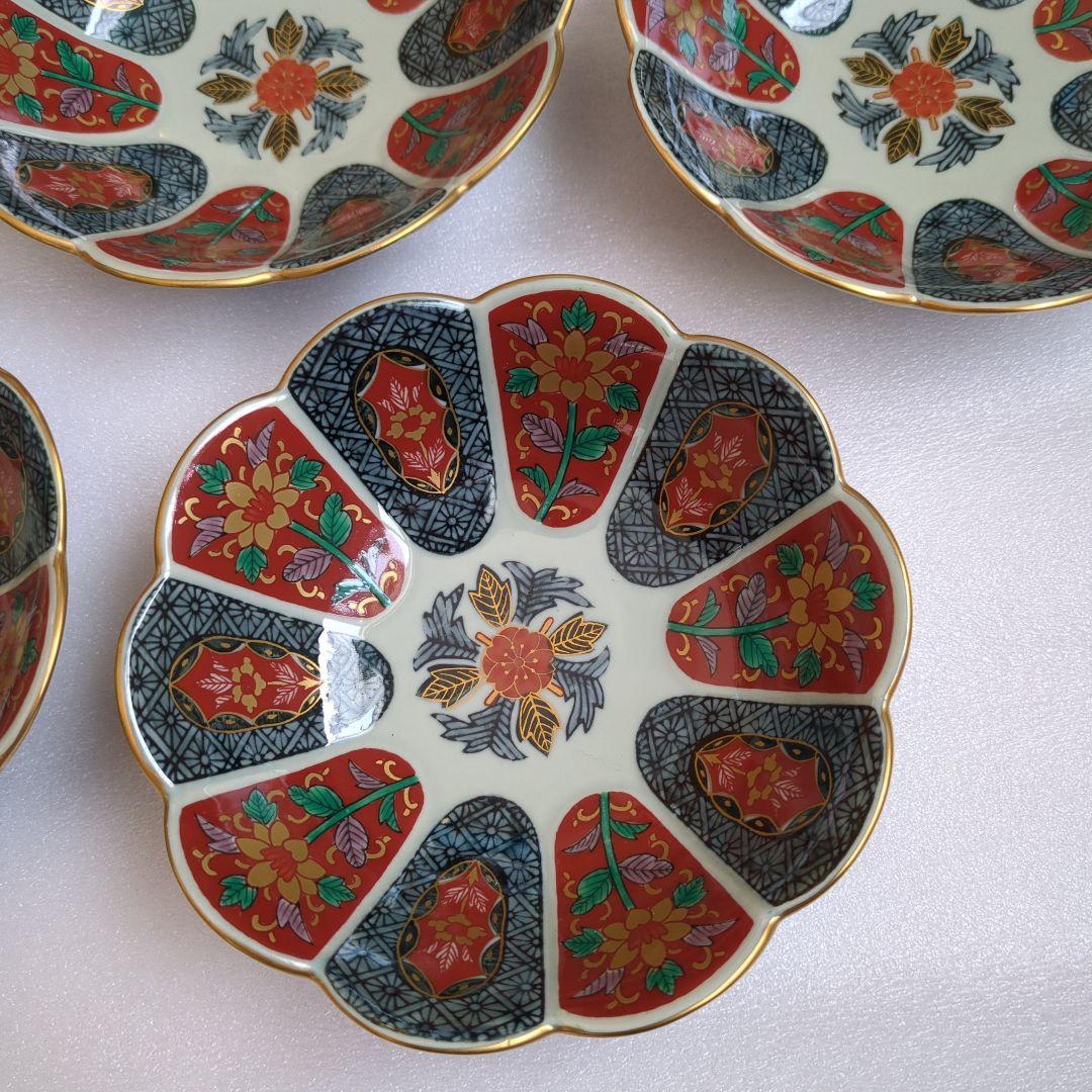 波佐見焼　林九郎窯　十方割花地紋　小鉢揃　5枚　菊割鉢　輪花鉢　金彩　古伊万里 波佐見焼 林九郎窯 十方割花地紋 小鉢揃 5枚 菊割鉢 輪花鉢 金彩 古