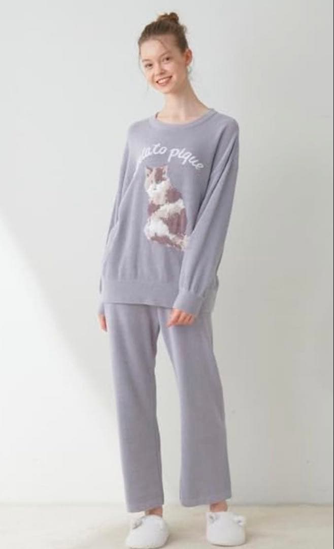 新品！本日限定価格！gelato pique パープル 猫刺繍 ルームウェア ジェラートピケ レディース エアリーモコキャットジャガードプル