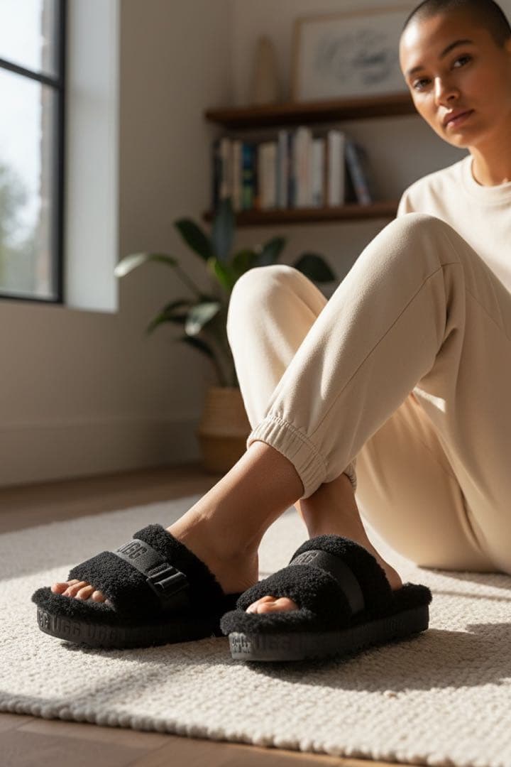 UGG ボアファーサンダル 厚底 ブラック - メルカリ