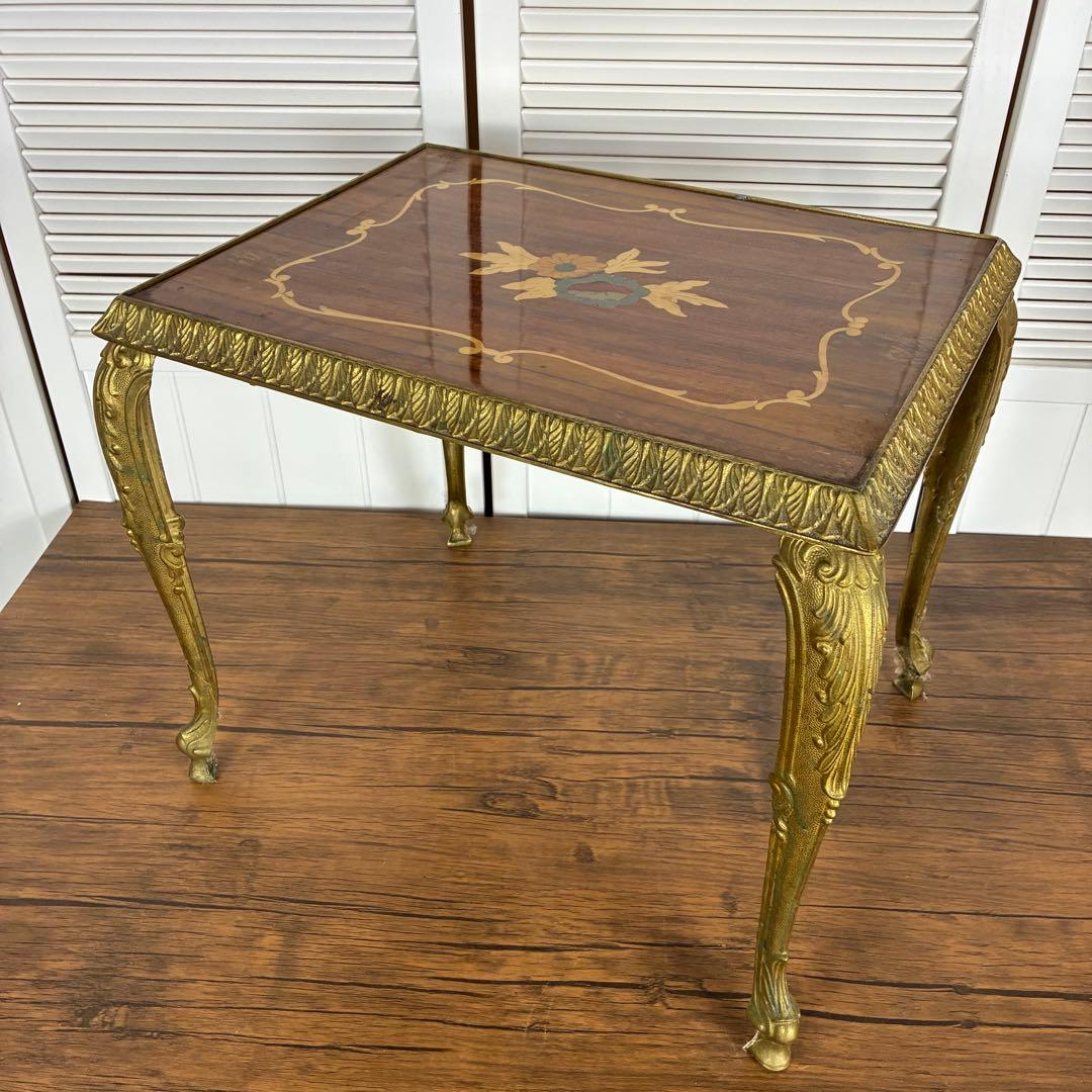 【送料込】アンティーク家具　猫足　ヴィンテージ　サイドテーブル　英国風　象嵌 イタリア製 象嵌コーヒーテーブル（サイドテーブル） ブラウン｜Y-KAGU