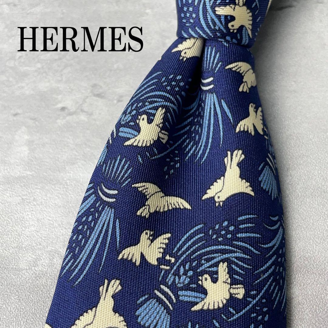 美品 HERMES エルメス 鳥 稲 アニマル柄 ネクタイ ネイビー 紺 - メルカリ