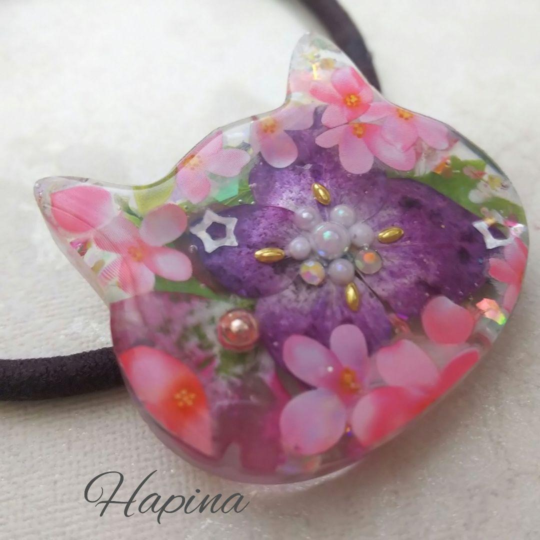 ひまうい様6/24 ○猫レジンヘアゴム花ペールトーン春花手描き