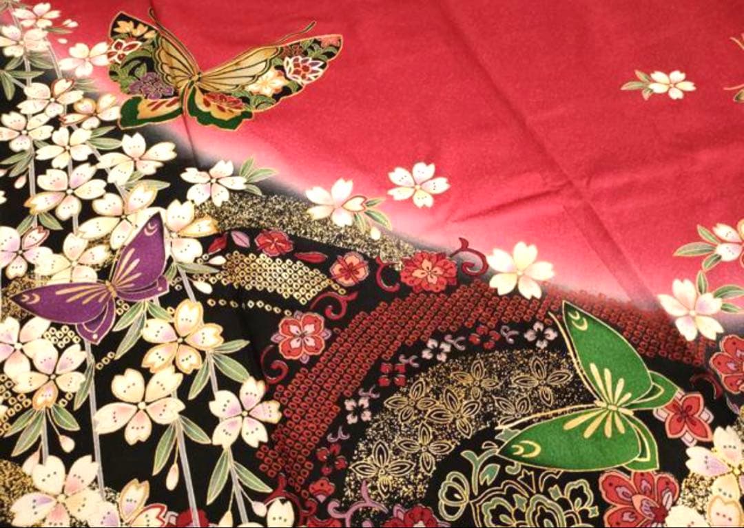 振袖フルセット6点M〜Lサイズ振袖 蝶と花の刺繍 正絹