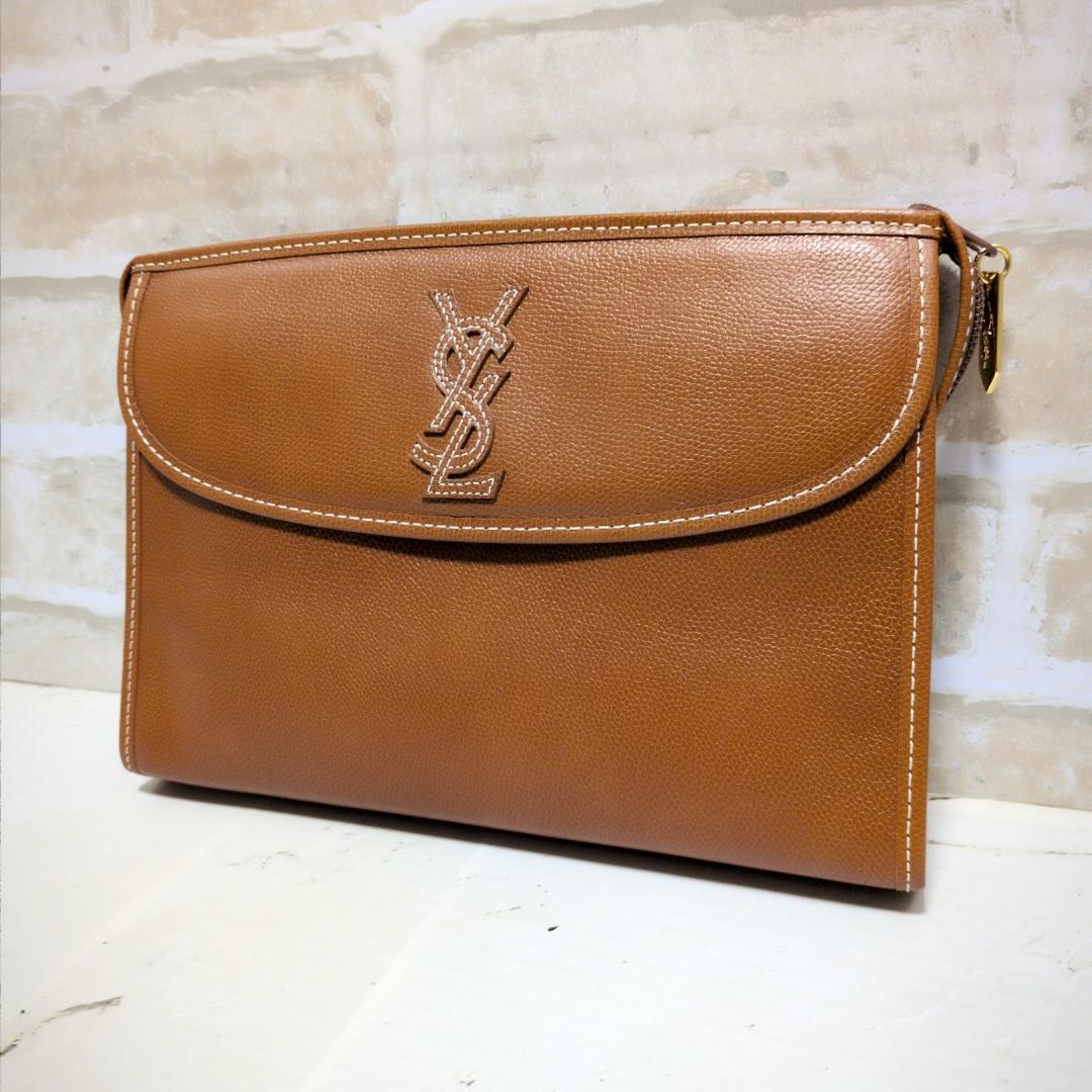 ★【イヴ・サンローラン】立体刺繍 シボ革 /セカンドバッグ ブラウン 新同品 楽天市場】サンローラン クラッチバッグ（ブランドイヴ・サンローラン