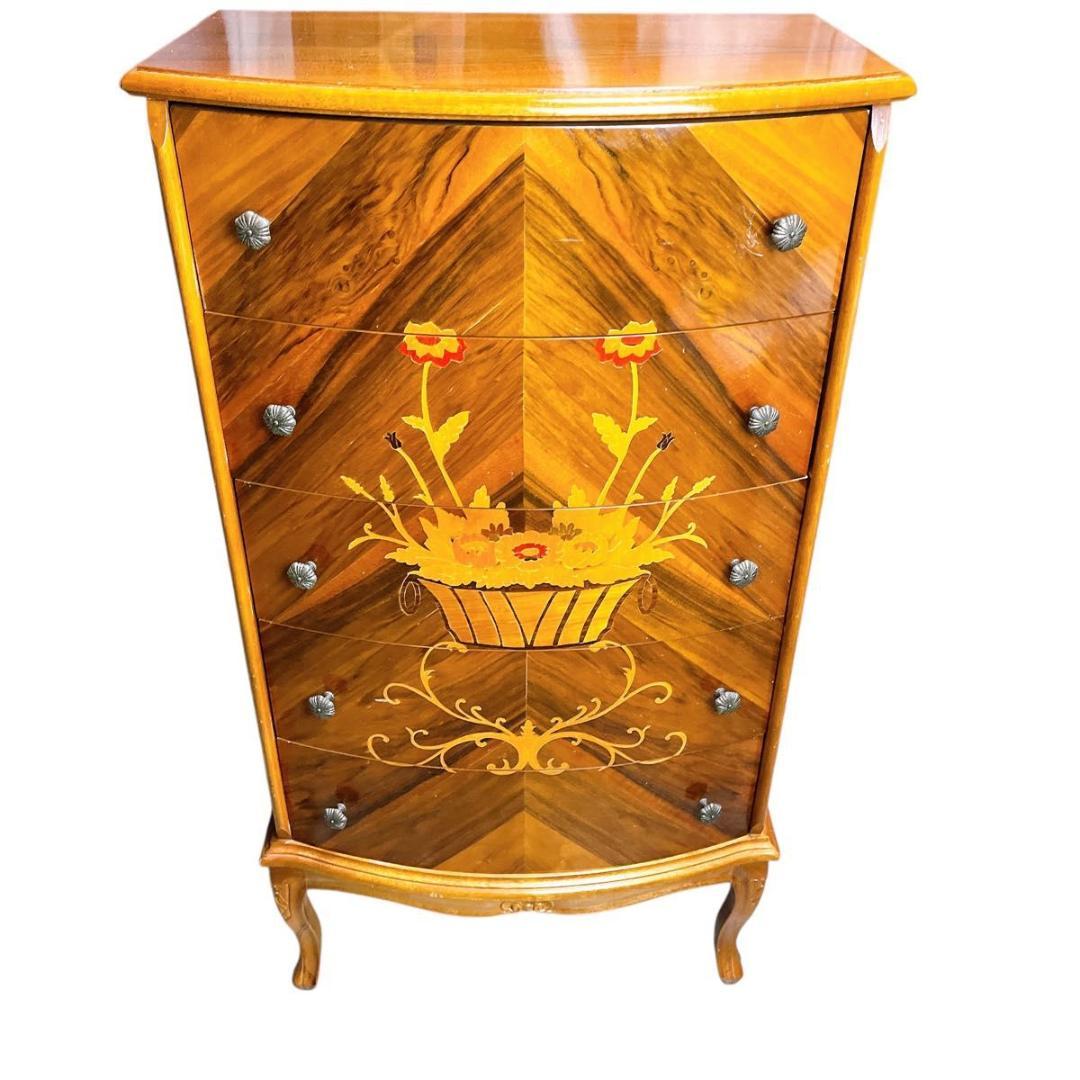 【★希少★】おしゃれ　イタリア製　象嵌　5段　チェスト　猫脚　アンティーク　家具 チェスト 木製 5段 完成品 茶 58cm 象嵌 ロココ調 イタリア 家具 猫脚