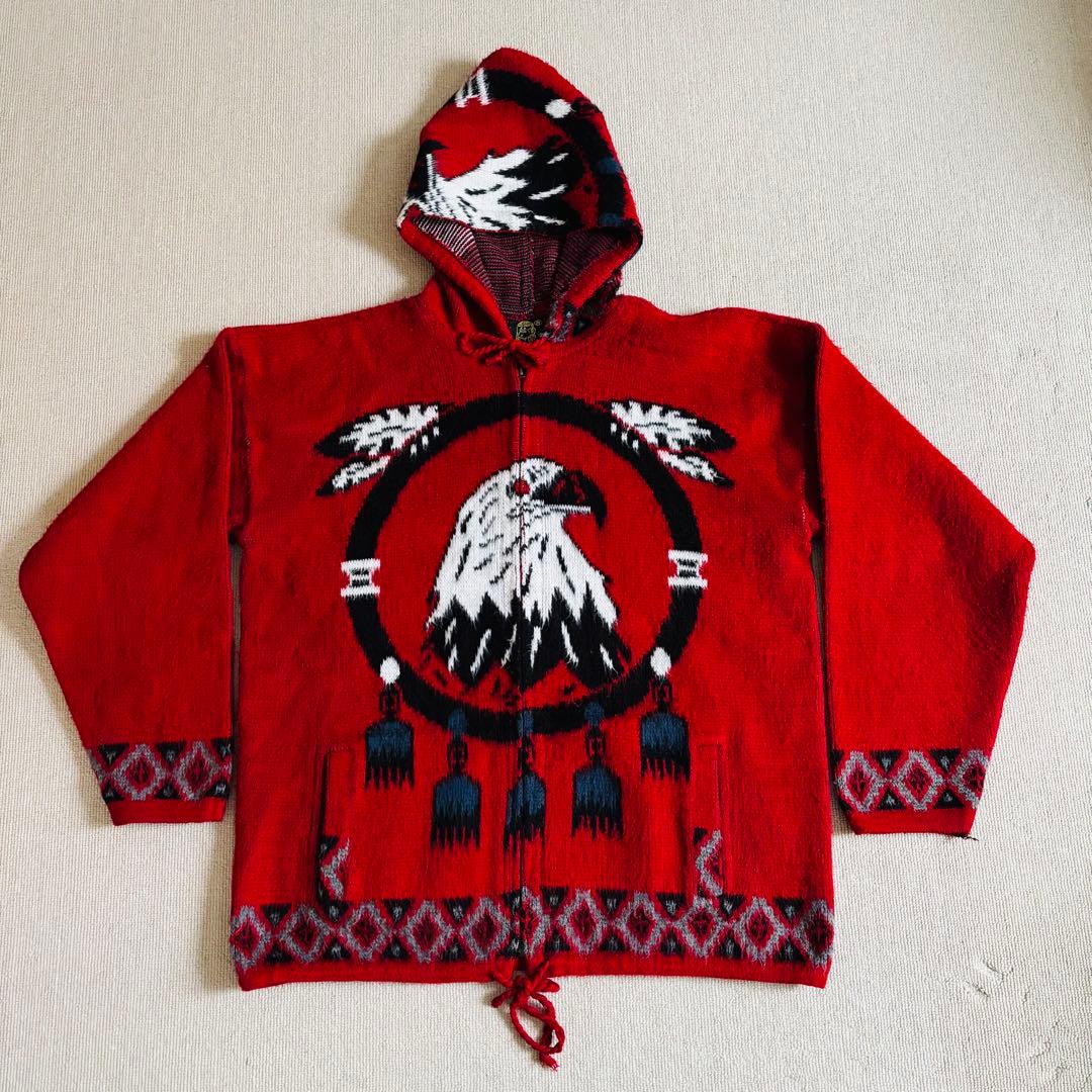 90s ヴィンテージ　エクアドルニット　ジップパーカー　総柄　イーグル　希少　L 90s vintage】ニットジップパーカー ノルディックパーカー 狼 アニマル