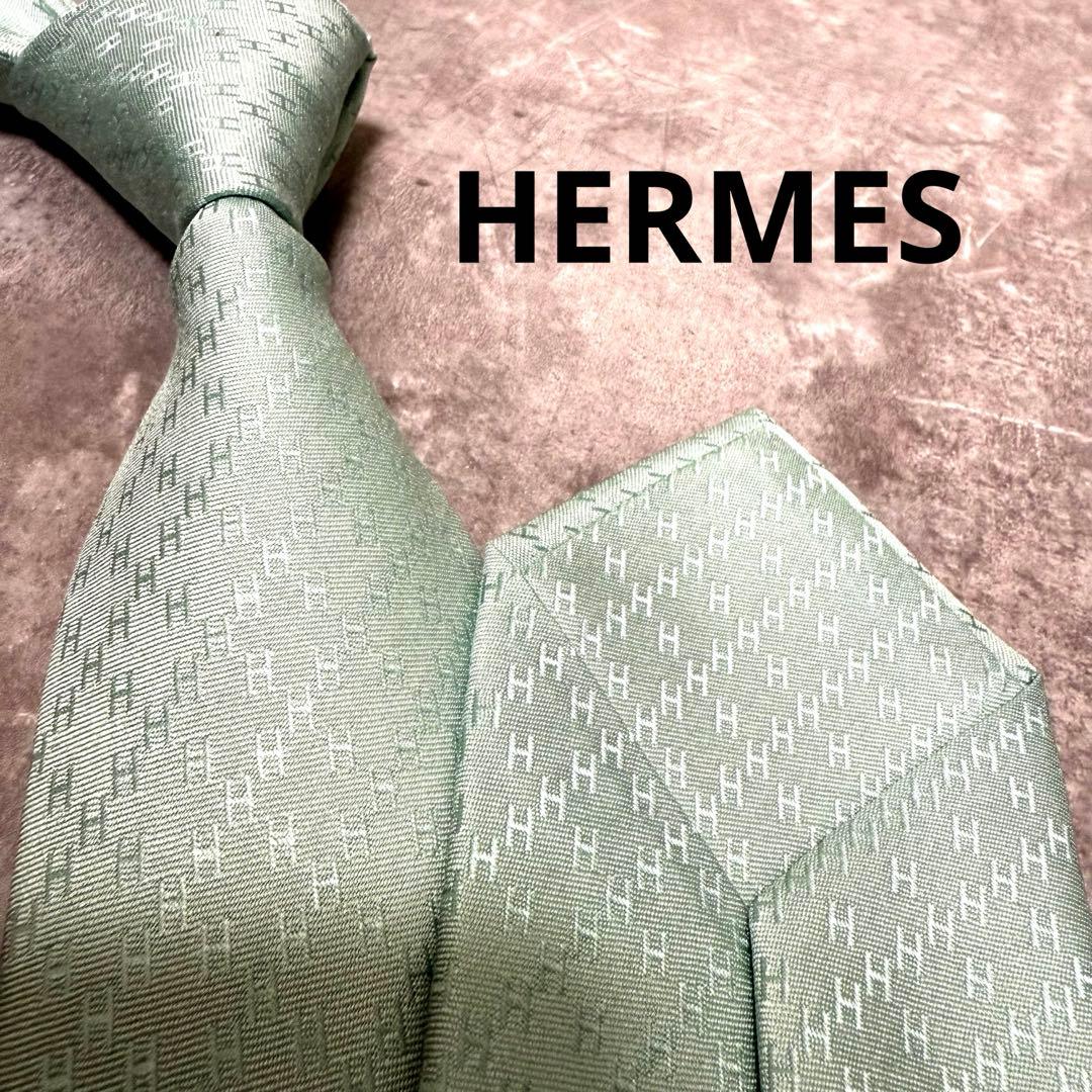 HERMES エルメス ネクタイ ミントグリーン ファソネ H柄 定番 王道 HERMES エルメス ネクタイ ミントグリーン H織りタイ ファソネH H柄