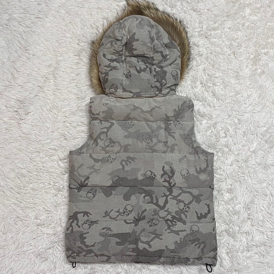 日本製・ルシアンペラフィネ・ダウンベスト・ファー・グレー・スカル柄