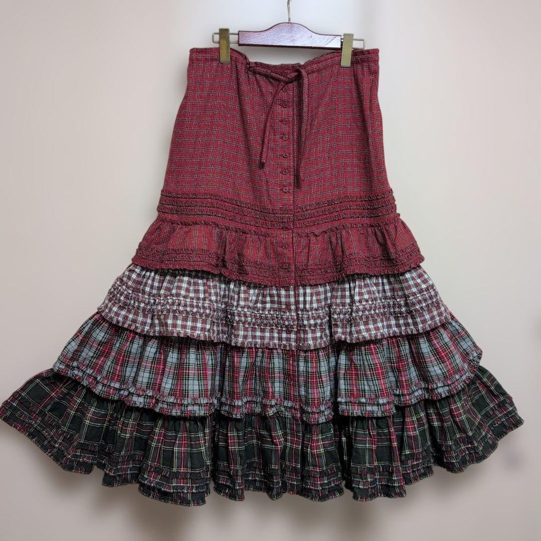 ワンダフルワールド　タータンチェックティアードスカート　綿ネル100%　未使用品 BELLUNA PLUS（ベルーナプラス） スカート 綿100％チェック柄