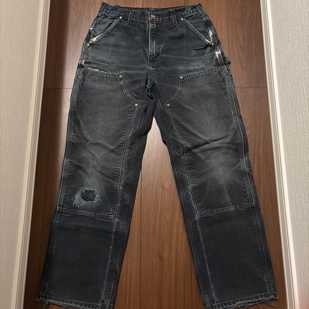 鬼フェード　ヴィンテージ　カーハートダブルニーペインターパンツ　USA製　すみ黒 carhartt ダブルニー W34 L32 ブラック USA製 鬼フェード カーハート