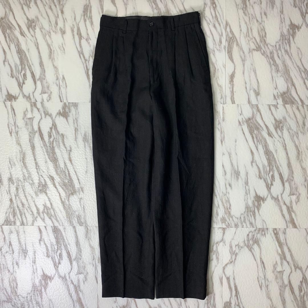 90s コムデギャルソンオム リネンツータックスラックス S ブラック 日本製 COMME des GARCONS HOMME PLUS コムデギャルソンオムプリュス リネン