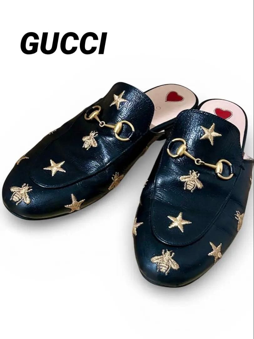 GUCCI グッチ プリンスタウン レザースリッパ スター ビー ITALY 中古・古着通販】GUCCI (グッチ) プリンスタウンスリッパ ブラック