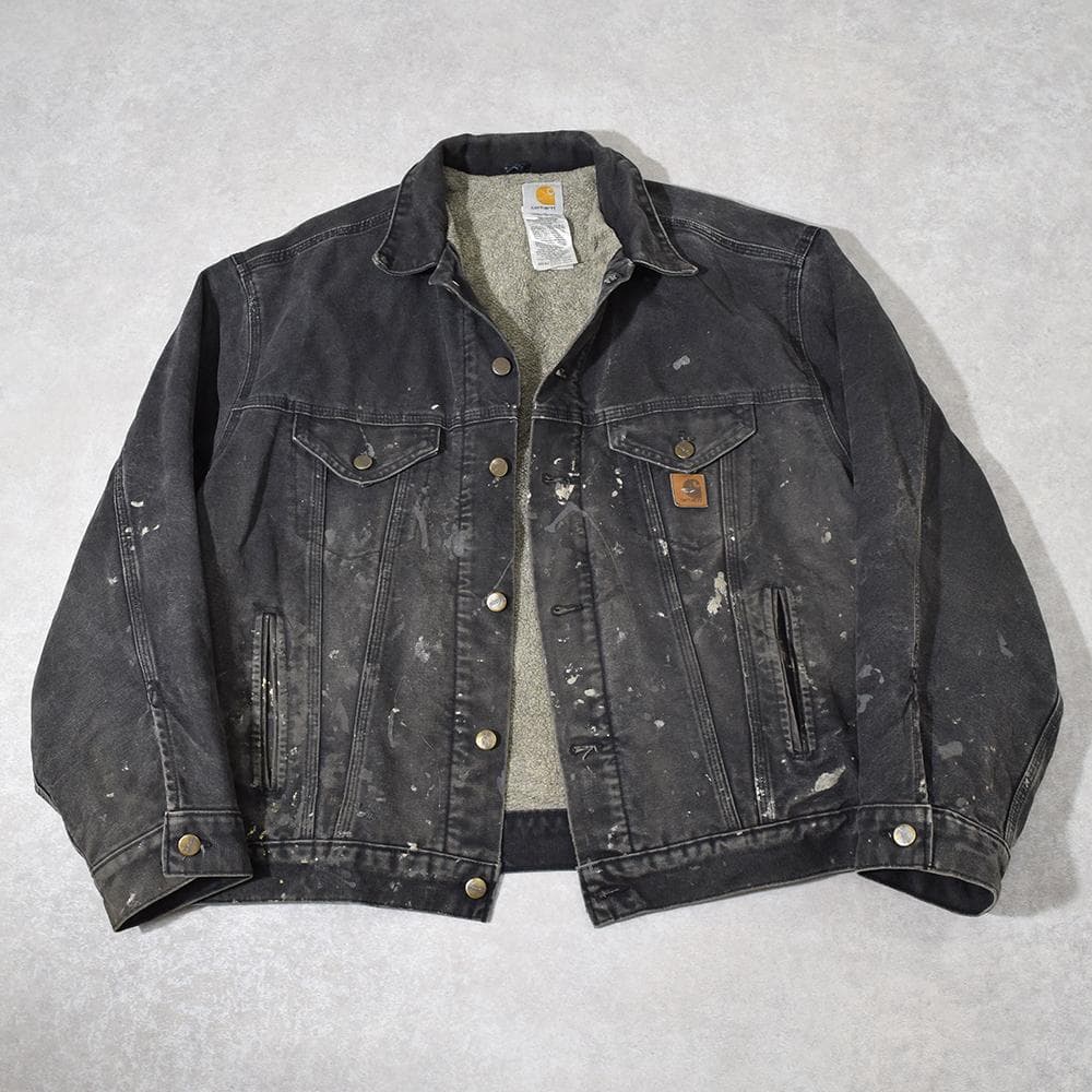 90s carhartt 激渋 ペンキ ダック トラッカージャケット 黒 XL ビッグサイズ 90年代 USA製 Carhartt カーハート ペンキ ネーム刺繍
