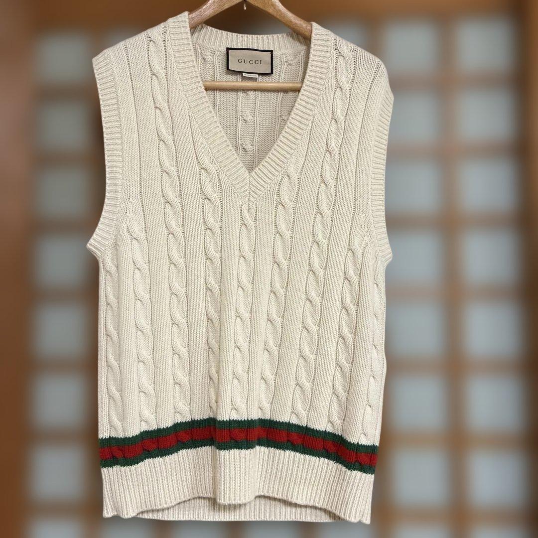 GUCCI メンズベスト GUCCI（グッチ） ダウンベスト 切替 レザー ロゴ ワッペン 44 ネイビー