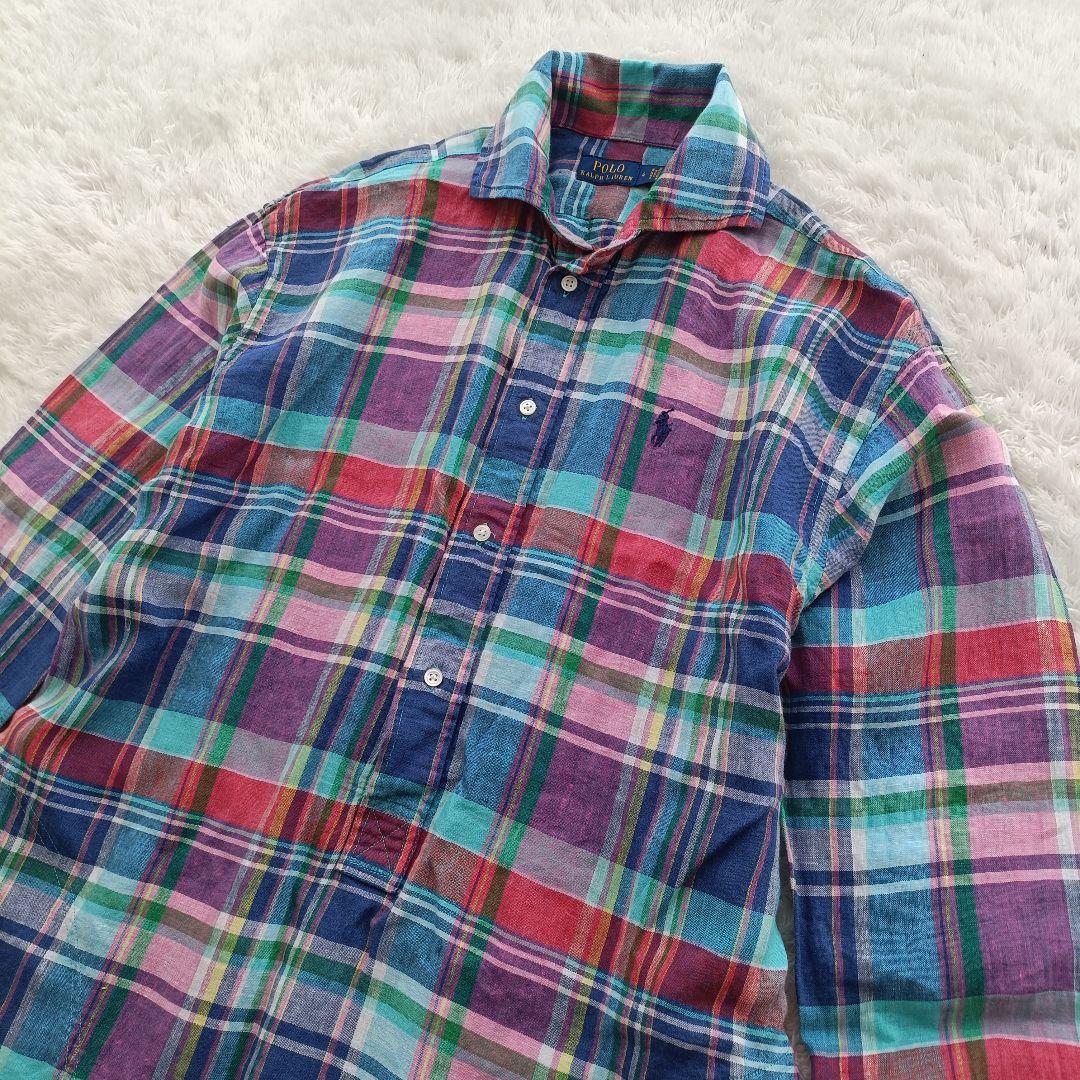 ポロラルフローレン シャツワンピース マドラスチェック柄 リネン100