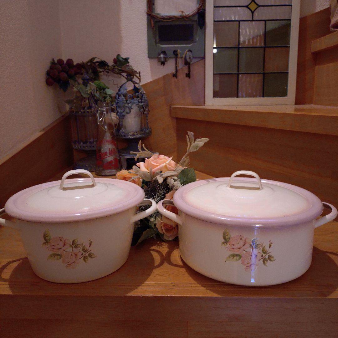 ◆イマンダイアナローズミルクパン2セット イマン ダイアナローズ 両口片手鍋 ホーロー ミルクパン アンティーク