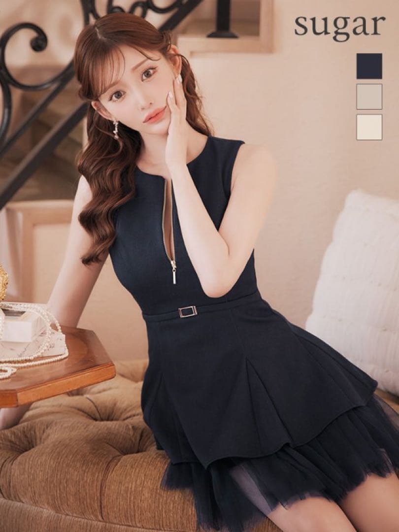 DEA robe de fleurs ネイビー フリルドレス ジッパー付き Lサイズあり】フローラル×バストジッパーフリルマーメイドキャバドレス