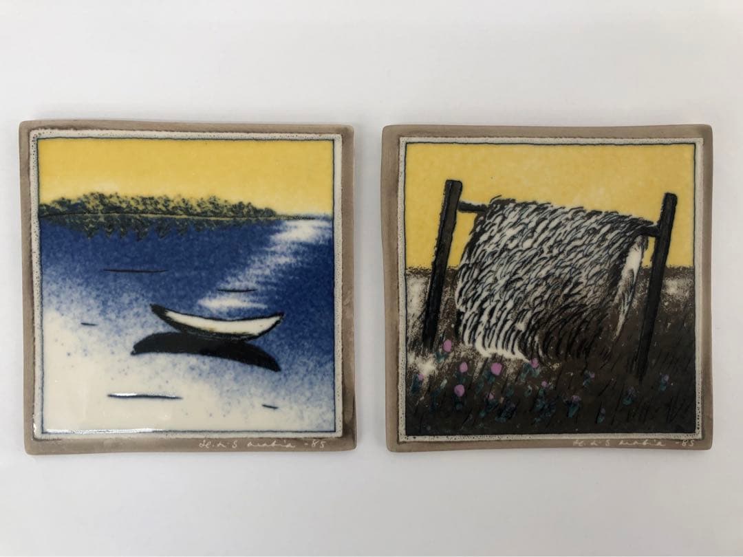 アラビア ヘルヤ・リウッコ 「朝焼けのボート」　「マットを干す」　2点セット フィンランド製アンティーク陶板 ヘルヤ作の希少品