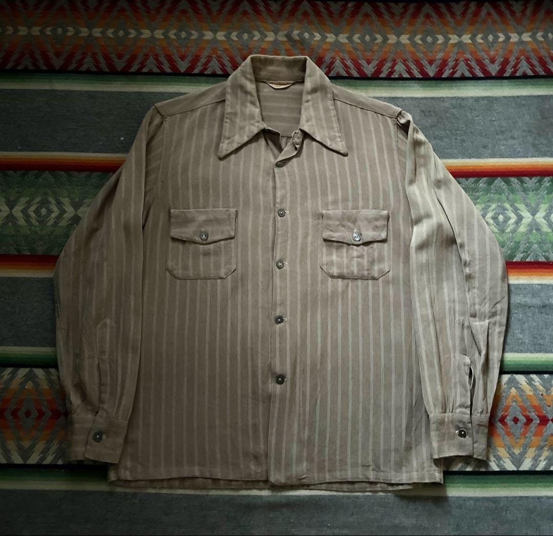 40s 50s Don Juan レーヨン ギャバジン ストライプ シャツ 古着 40-50s WALDORF 無地 ソリッド ハンドステッチ 開襟 ボックス