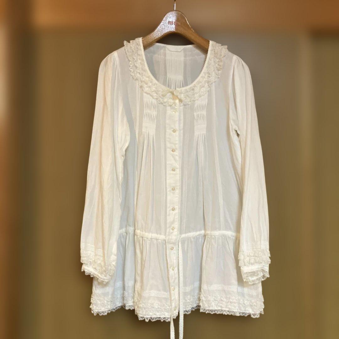 ピンクハウス　チュニック　ブラウス　ホワイト　ピンタック　レースフリル　長袖 PINK HOUSE（ピンクハウス） 美品 フランスレース & ピンタック