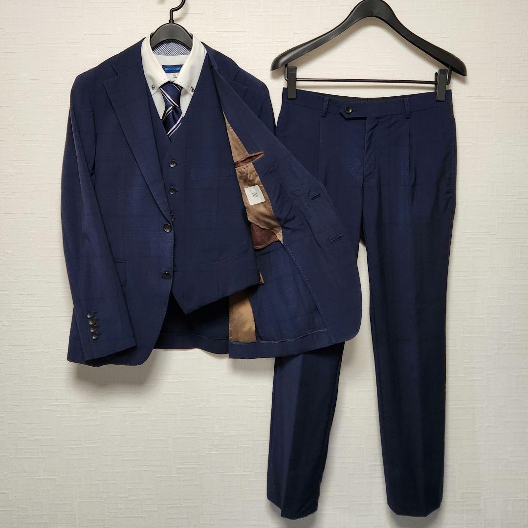スーツセレクト　メンズ　スーツ　スリーピース　マルゾット　濃紺　チェック　細身 チェック柄 スリーピース スーツ メンズスーツ ビジネススーツ ベスト