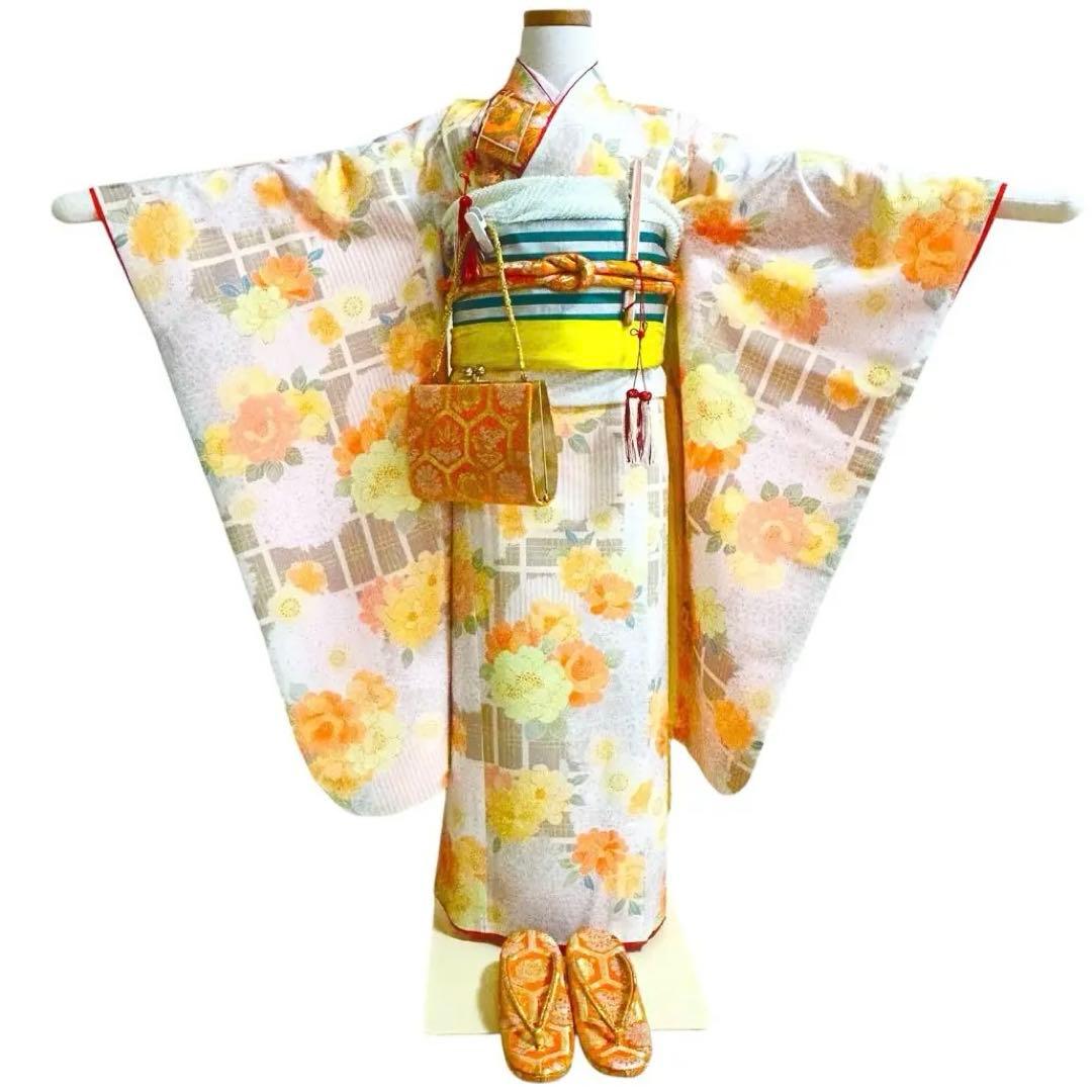 着物　七五三　7歳　女の子　13点　フルセット　オレンジ　グレージュ　格子　花文 re-s-7-079_1.jpg