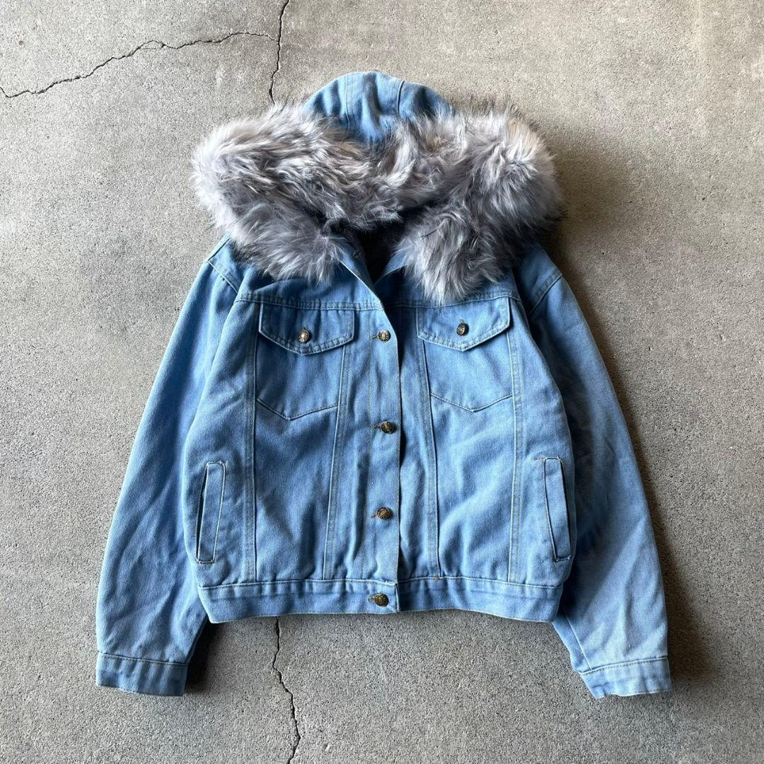ジャケット・アウター archive fur denim jacket n2b y2k 00s Vintage Early y2k 2000s Fur Jacket Lined Faded Denim Snap Button