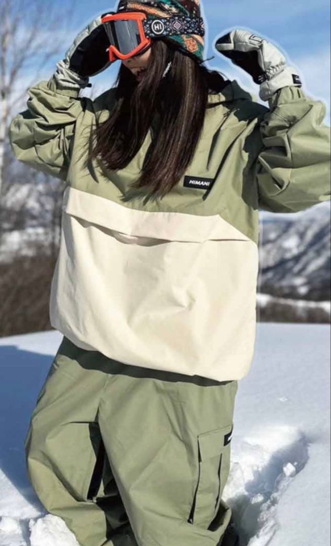 HIMANI ハイマニ スノーボードウェア上下セット オリーブカーキ HIMANI ハイマニ スノーボードウェア セットアップ 上下 ドローコード