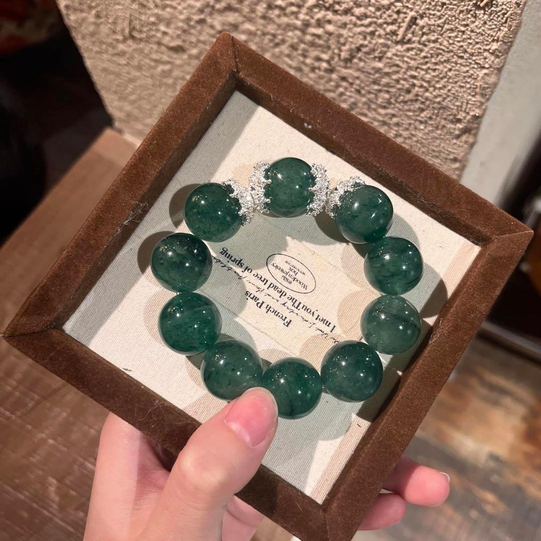 天然石 グリーンクォーツ ブレスレット 大粒14mm 透き通る輝き フックサイト イン クォーツ ブラジル産 ブレスレット 9mm 17.5cm