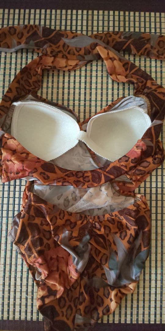 水着 ワンピース ハイレグ パレオ レオパード フルーツ ブラウン 体型カバー