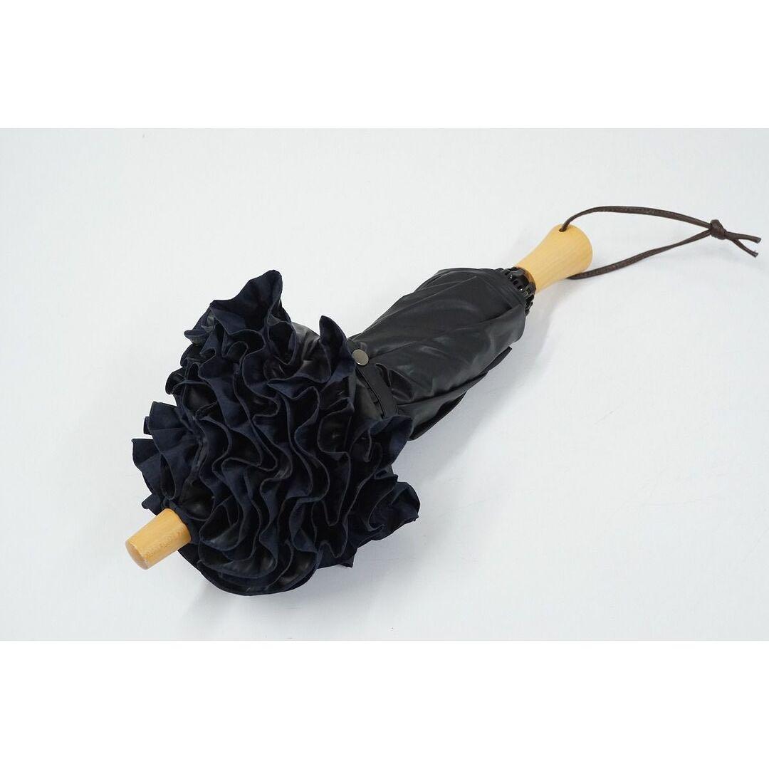 サンバリア100 2段折 フリル ネイビー 木ストレート 2段折 フリル / | 完全遮光日傘｜サンバリア100