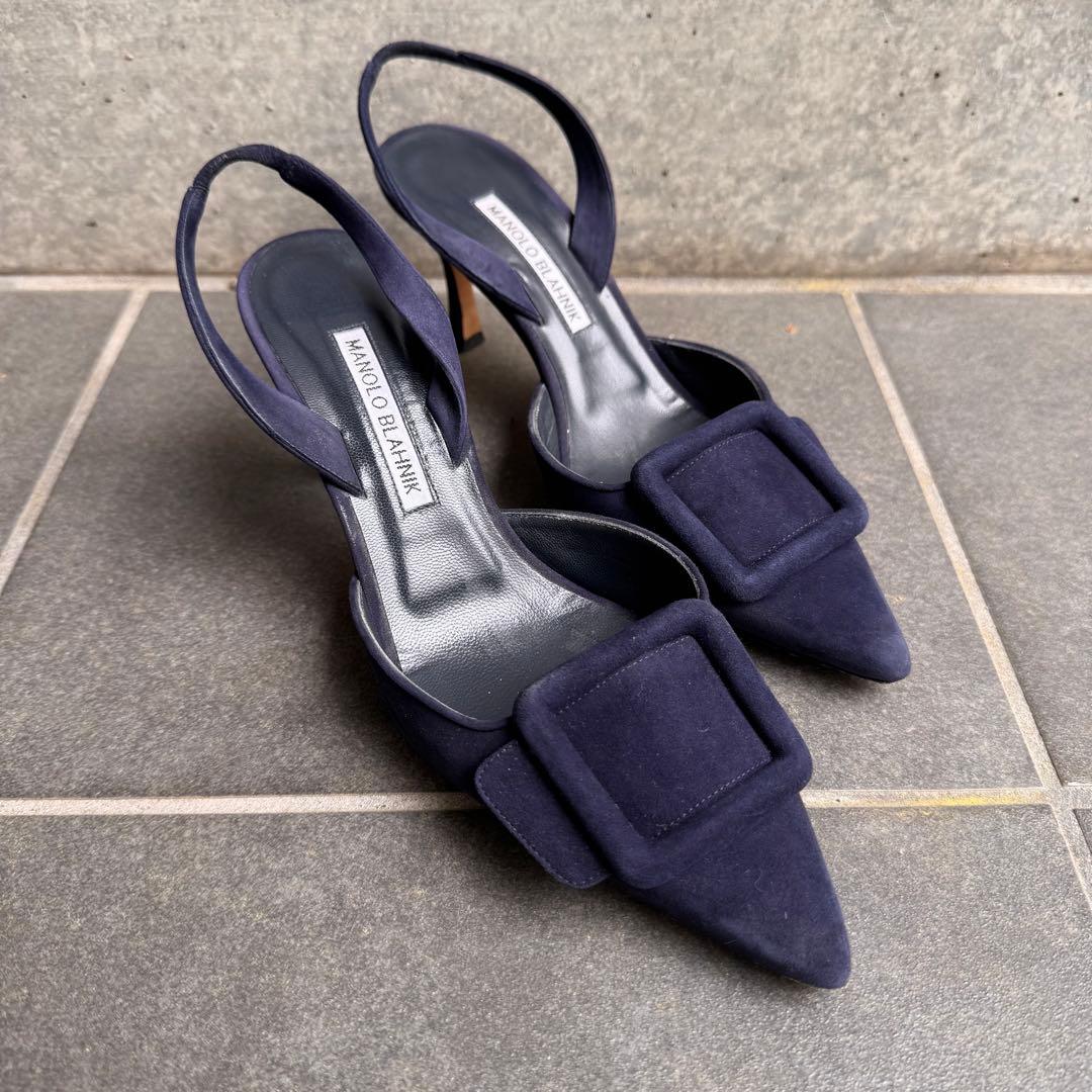 MANOLO BLAHNIK ネイビー スエード ミュール　メイセール　37 Maysale 70 suede mules in blue - Manolo Blahnik | Mytheresa