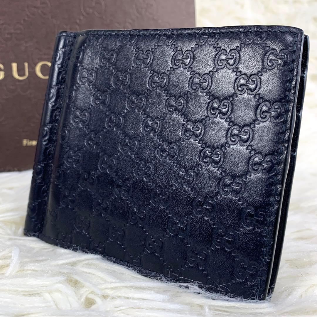 美品ꕥグッチ 折り財布 マネークリップ GG マイクロシマ レザー ネイビー GUCCI（グッチ） マネークリップ 二つ折り 財布 レザー GG 181678