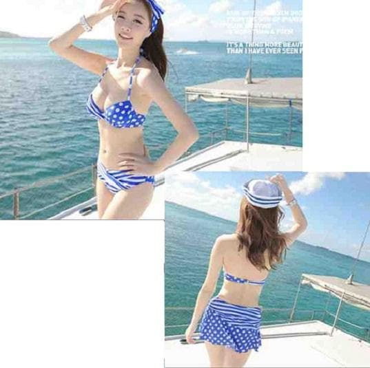 スカート付きビキニ セパレート水着3点セット 青 L ストライプ×水玉