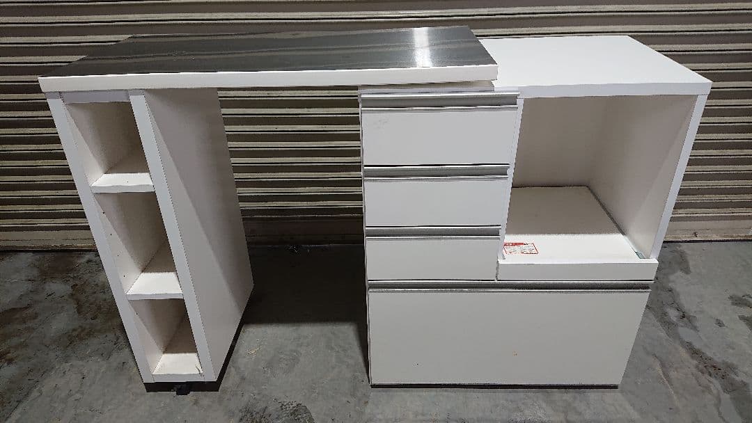 家具の大丸 キッチン収納 スライド伸長式カウンター ホワイト ステンレス天板 キッチンカウンター 伸縮式 天板拡張オプション有 スライド棚 引き出し