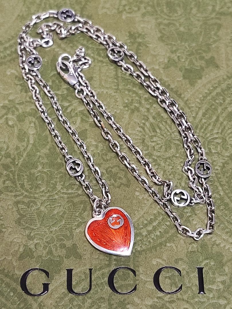 新品 グッチ GUCCI シルバー ネックレス インターロッキングG ハート