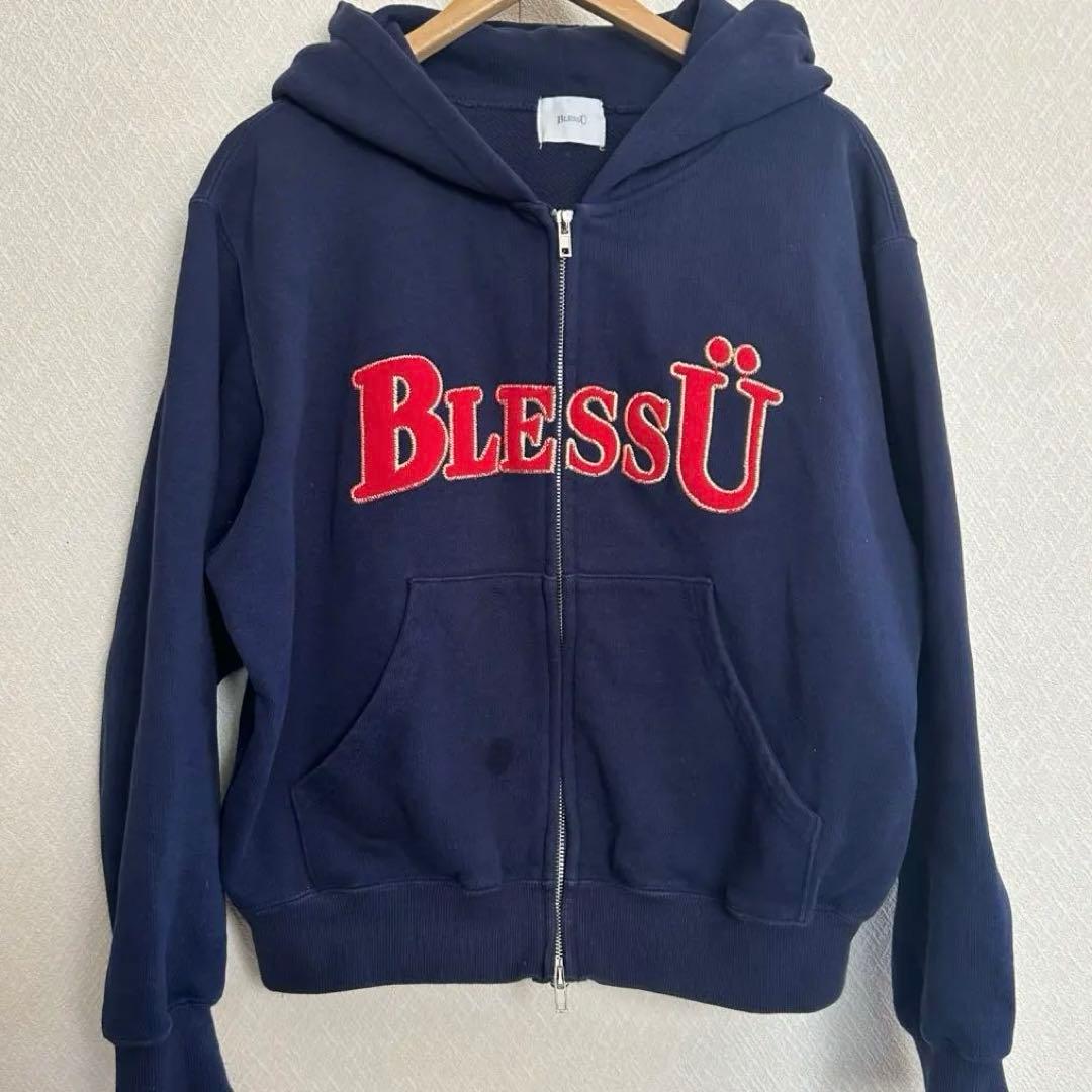 BLESS U ダブルジップ ロゴ刺繍 Sサイズ ネイビー レッド パーカー