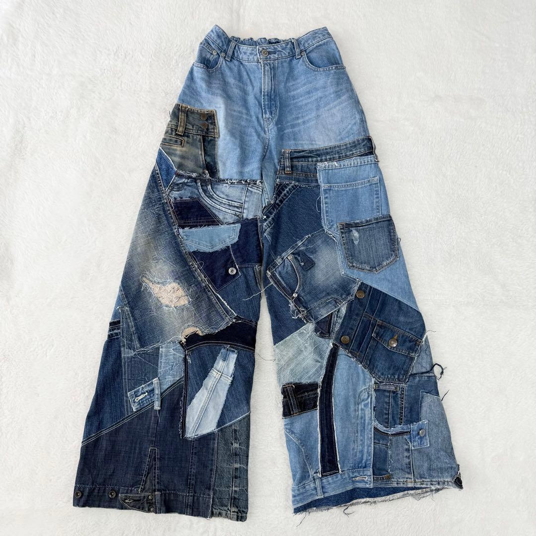 リメイクデニム パッチワーク ワイドパンツ フレアデニム 極太 唯一無二!! リメイク フレア デニム パッチワーク フレア パンツ - dare1881