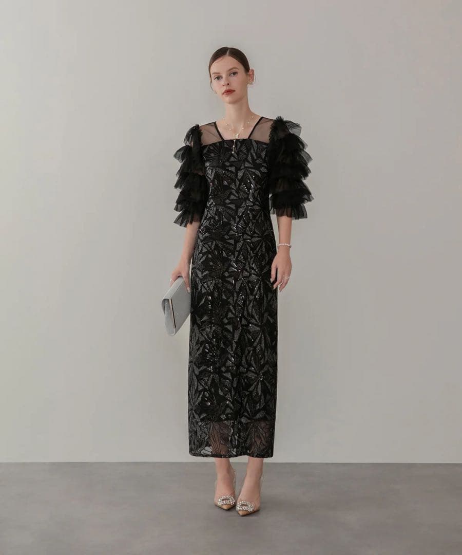 LEJA チュールフリルスリーブスパンコールIラインワンピースドレス 当日発送】チュールフリルスリーブスパンコールIラインワンピースドレス