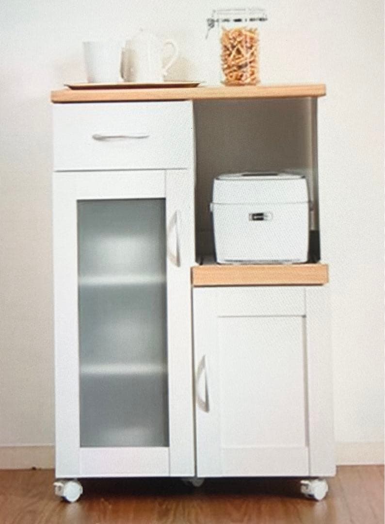 新品未使用未開封品キッチンカウンター ホワイト キャスター付き収納棚 60cm キッチンカウンター キャスター付 フラップ扉 幅60cm （ キッチン収納