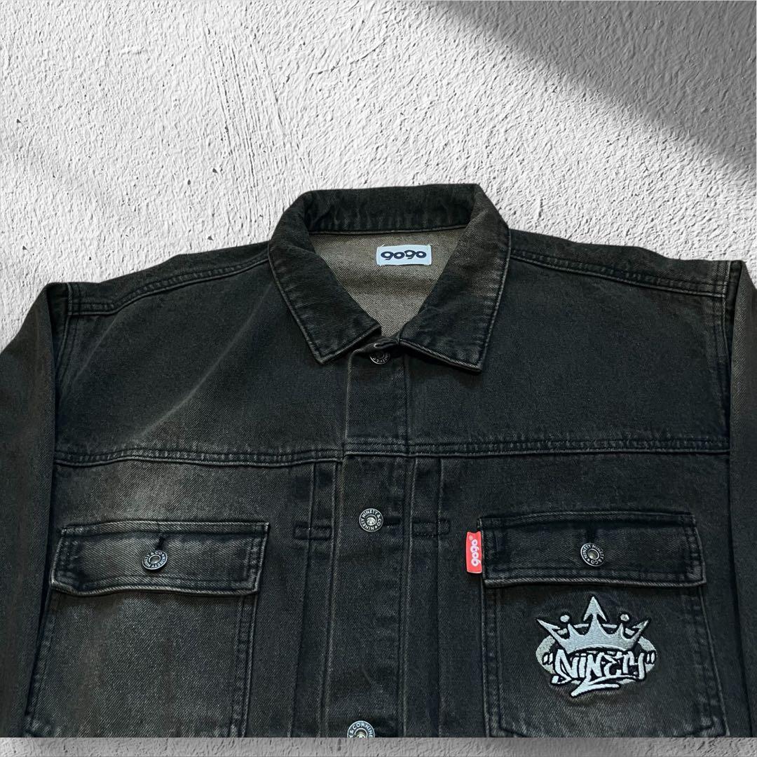 9090 ナインティナインティ キングロゴ刺繍 デニムジャケット グレーXL相当 9090ナインティナインティ キングロゴ 刺繍 デニムジャケット グレーXL