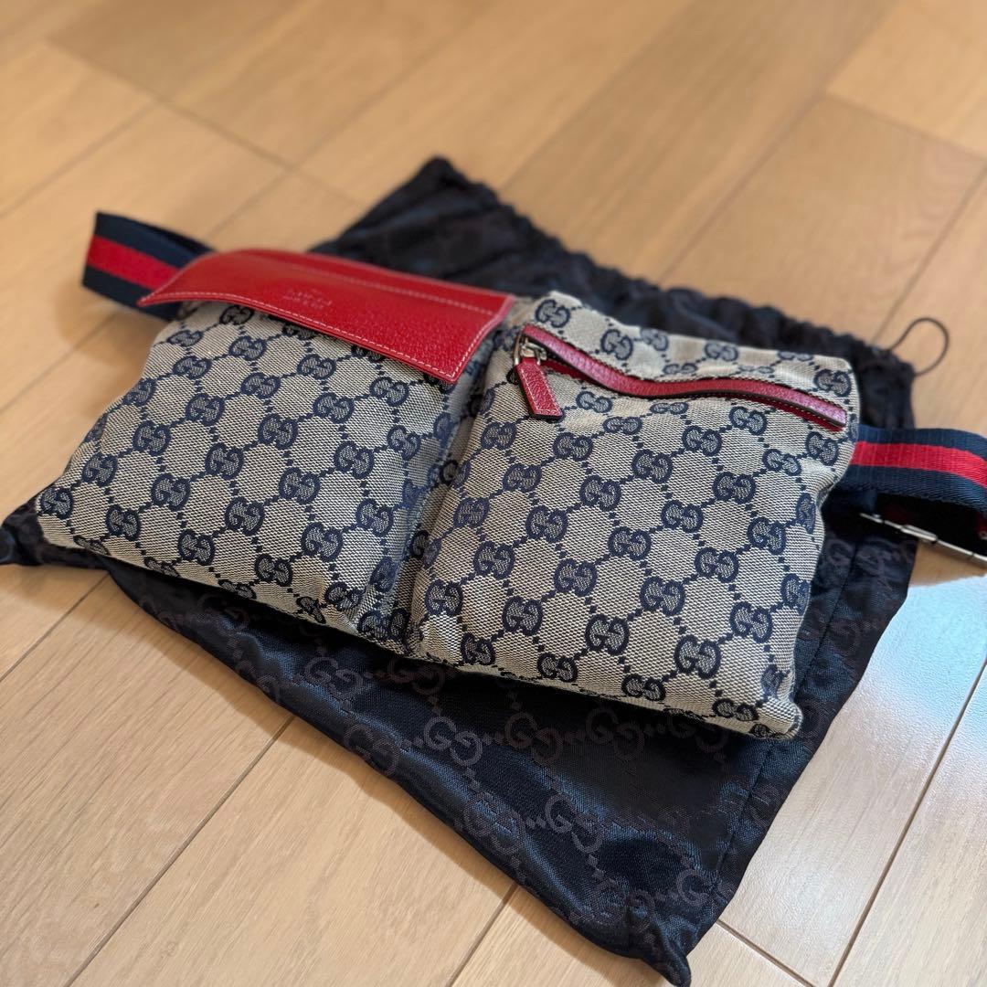 Gucci（グッチ）GGキャンバス × レザー ダブルポケット ベルトバッグ GGキャンバス 【質屋】送料無料！GUCCI グッチ ウエストポーチ 2WAY GG