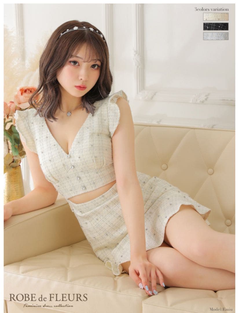 ROBE de FLEURS ウエストカットｘラメツイード　ミニキャバドレス XSサイズあり】ウエストカットxラメツイードフリル袖ミニキャバドレス