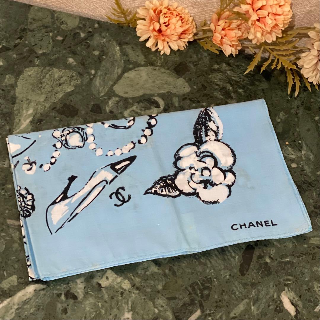 VINTAGE CHANEL ハンカチーフ ブルー カメリア ココマーク Used 展示品】シャネル CHANEL BOUTIQUE 大判ハンカチ バンダナ
