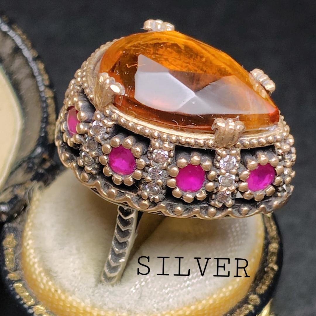 ヴィンテージリング　SILVER　トパーズ　ルビー　メレダイヤ ヴィンテージ アンティーク ルビー レッド シルバー リング 20号