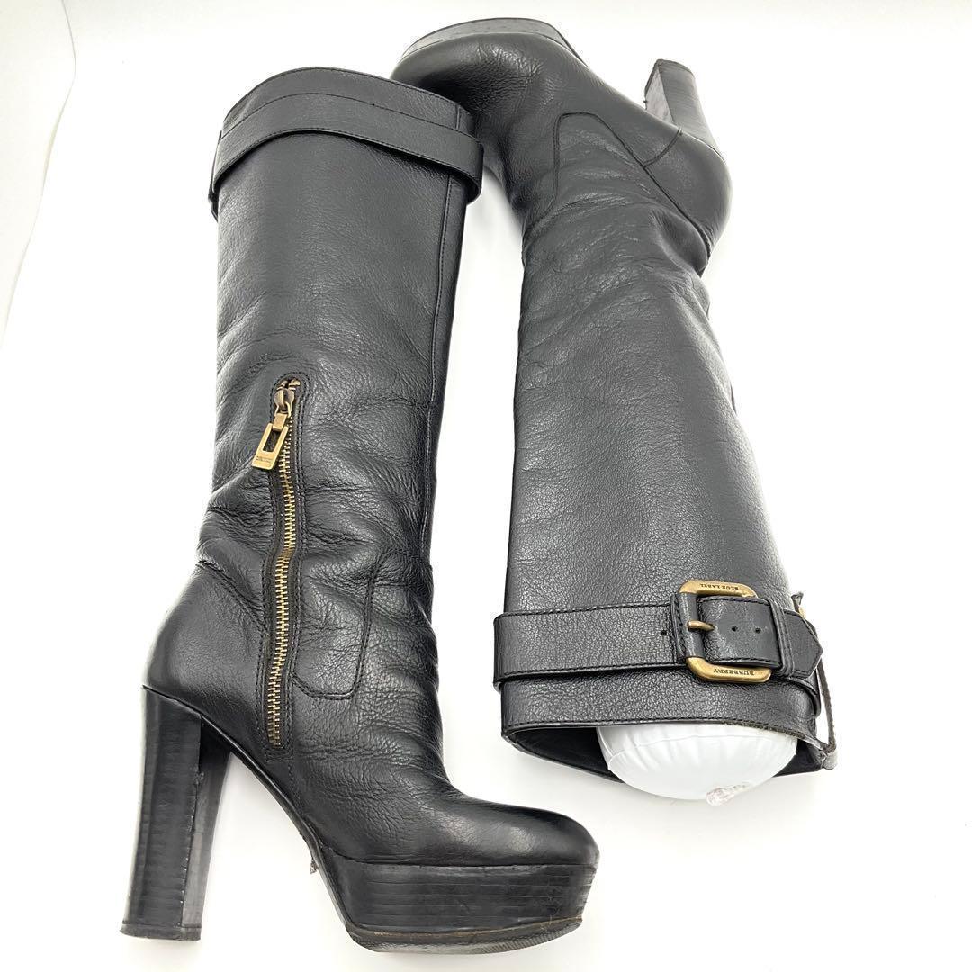 バーバリー BURBERRY BLUE LABEL ロング ブーツ レザー 黒 - メルカリ