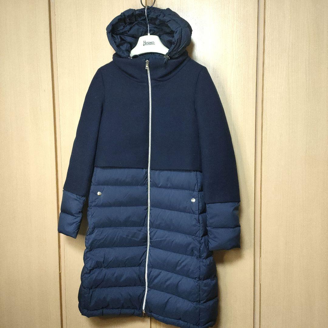 美品✨ヘルノ ダウンコート 異素材切り替え ドッキング ロング丈　ネイビー40 HERNO（ヘルノ） | ウールナイロン異素材コンビ ネイビー ダウンコート